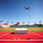Flick International A high school athletic track scene with an empty podium featuring medals under a blue sky