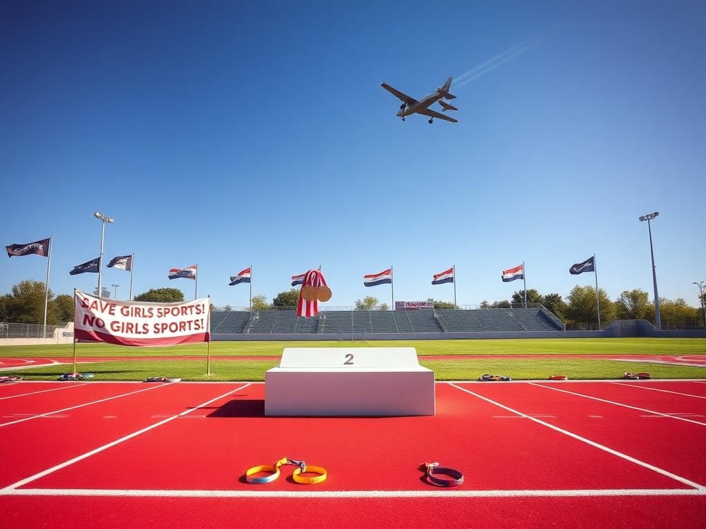 Flick International A high school athletic track scene with an empty podium featuring medals under a blue sky