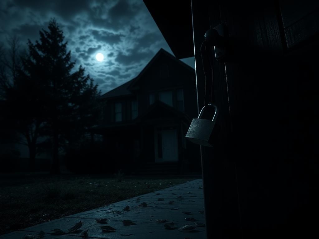 Flick International Abandoned college house at night with a slightly ajar front door