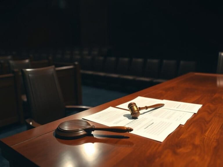 Flick International Dimly lit courtroom with an empty judge's bench and scattered legal documents reflecting the plea deal proceedings