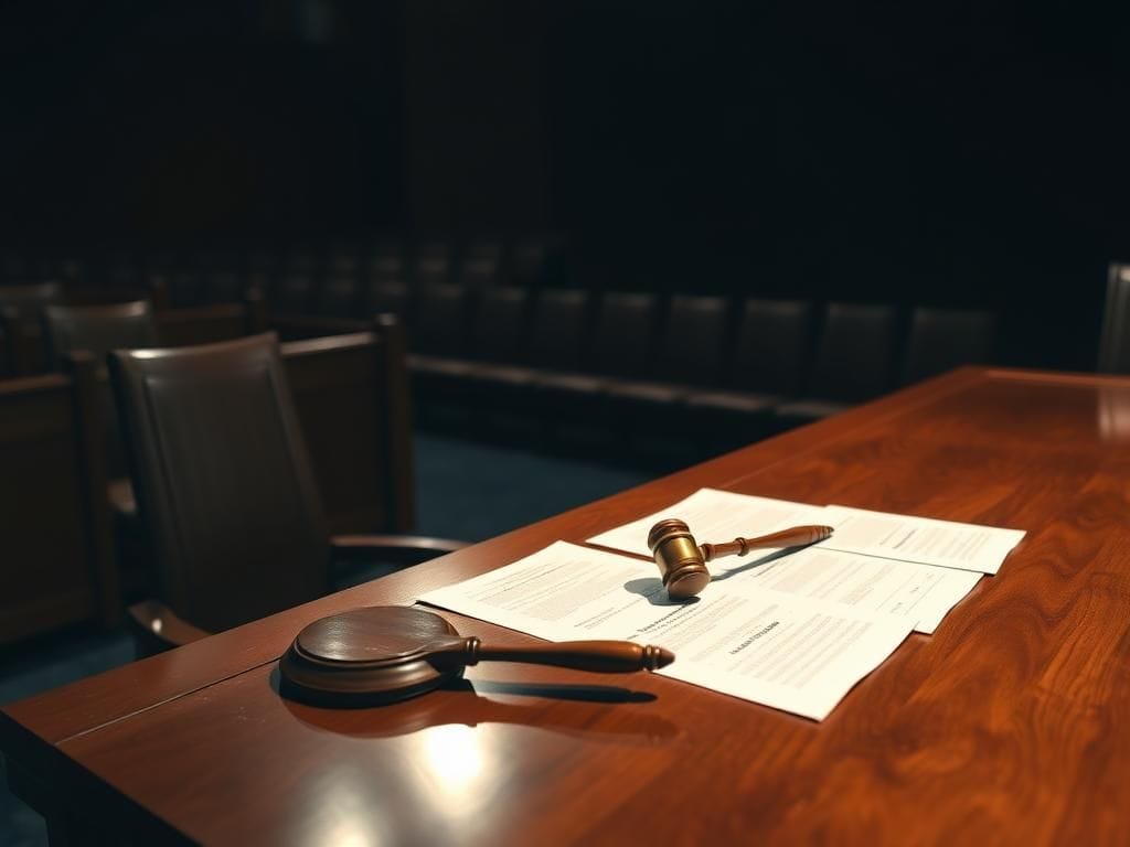 Flick International Dimly lit courtroom with an empty judge's bench and scattered legal documents reflecting the plea deal proceedings