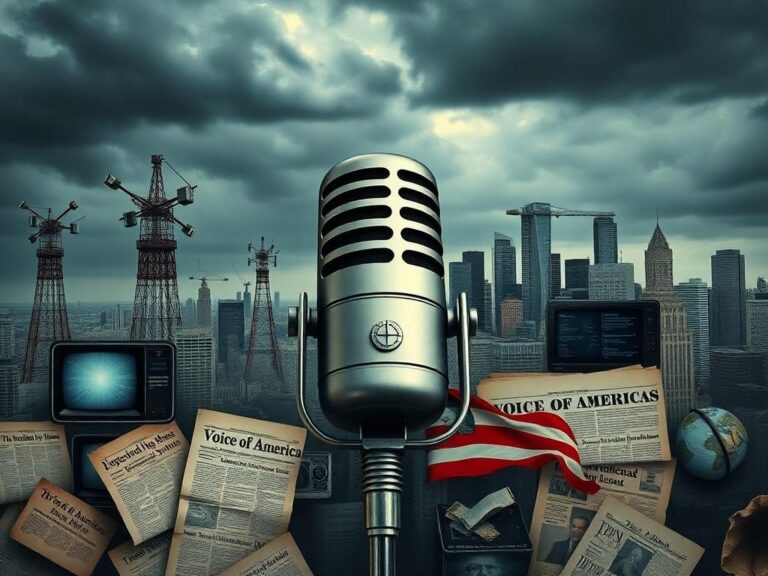 Flick International Vintage-style microphone surrounded by broken radio antennas and static-filled screens symbolizing media turmoil