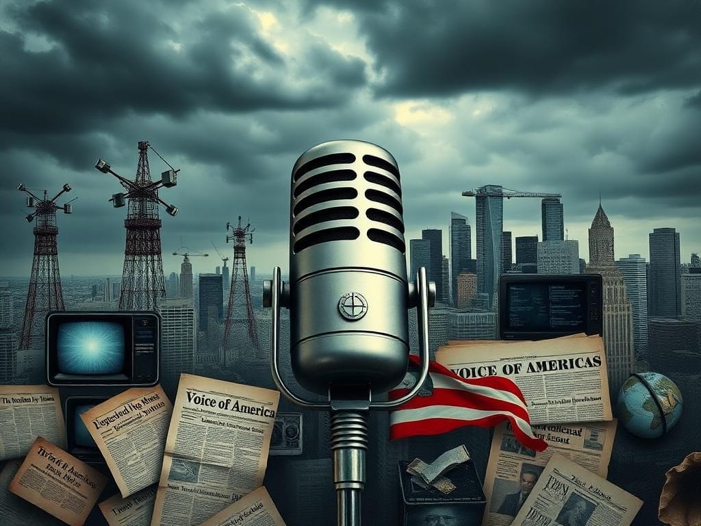 Flick International Vintage-style microphone surrounded by broken radio antennas and static-filled screens symbolizing media turmoil