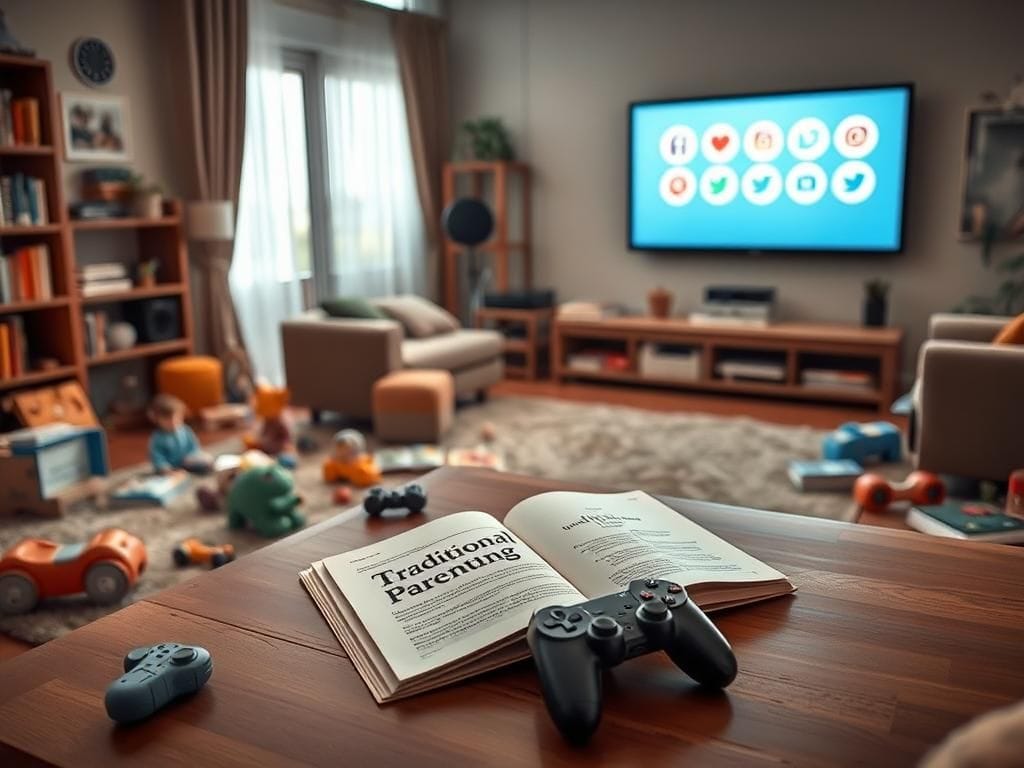 Flick International A serene living room filled with children's toys and educational books, highlighted by social media icons fading away in the background.