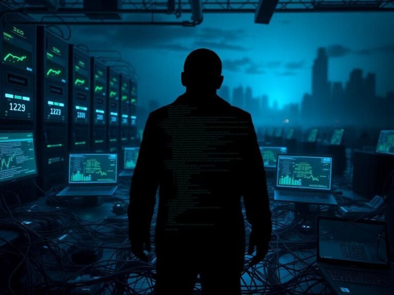 Flick International Dark digital landscape illustrating a network of servers and laptops affected by North Korean cyber fraud schemes