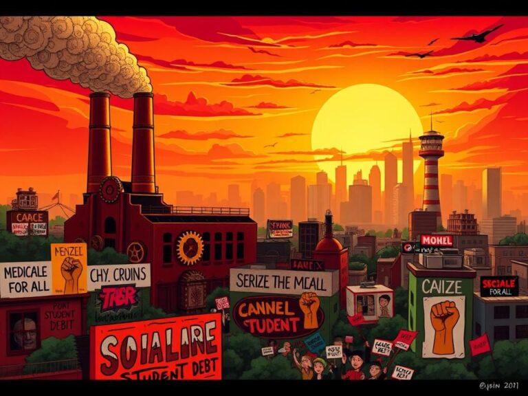 Flick International Conceptual illustration of a bustling urban landscape representing socialist goals