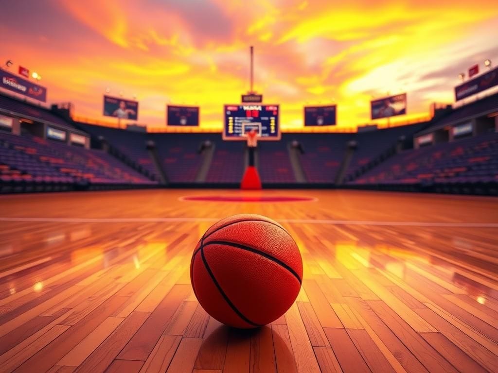 Flick International A vibrant basketball court scene at sunset with a basketball and empty stands representing WNBA fan support