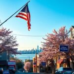 Flick International A bustling Staten Island neighborhood with a large American flag outside a Republican headquarters