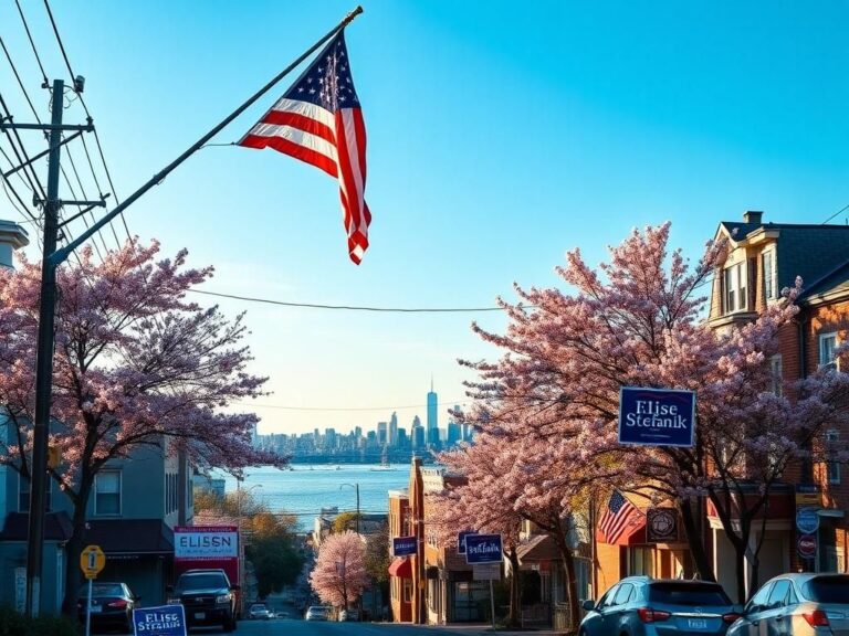 Flick International A bustling Staten Island neighborhood with a large American flag outside a Republican headquarters