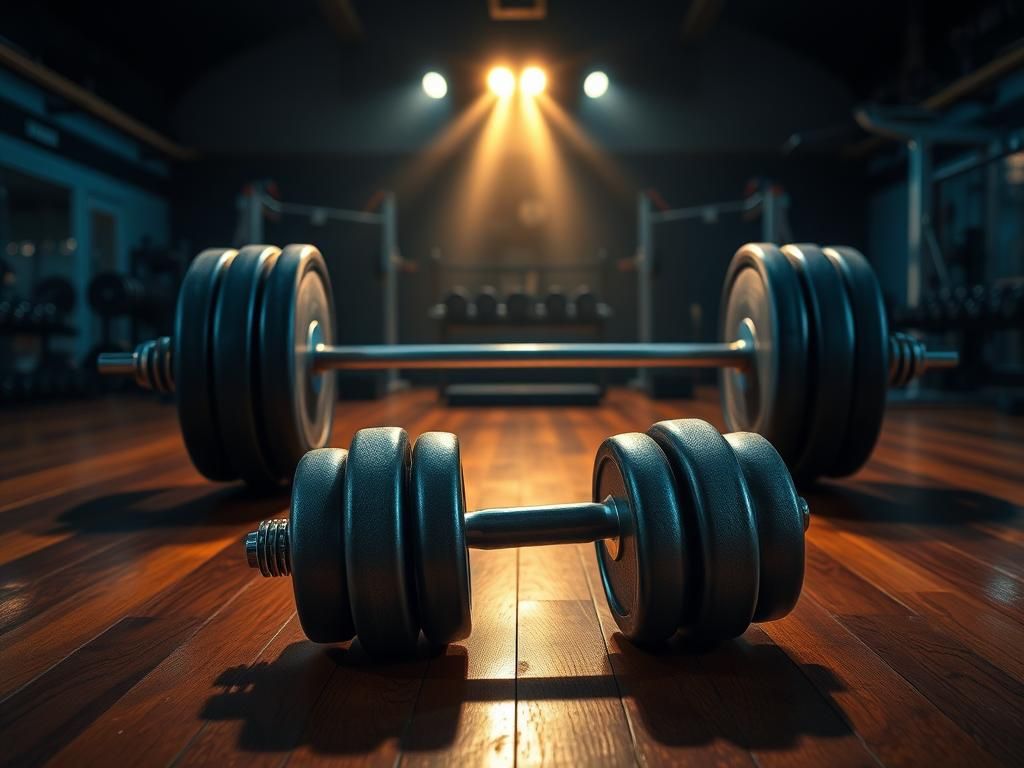 Flick International A dramatic scene featuring heavy dumbbells and a barbell on a polished wooden gym floor, symbolizing strength and resilience.