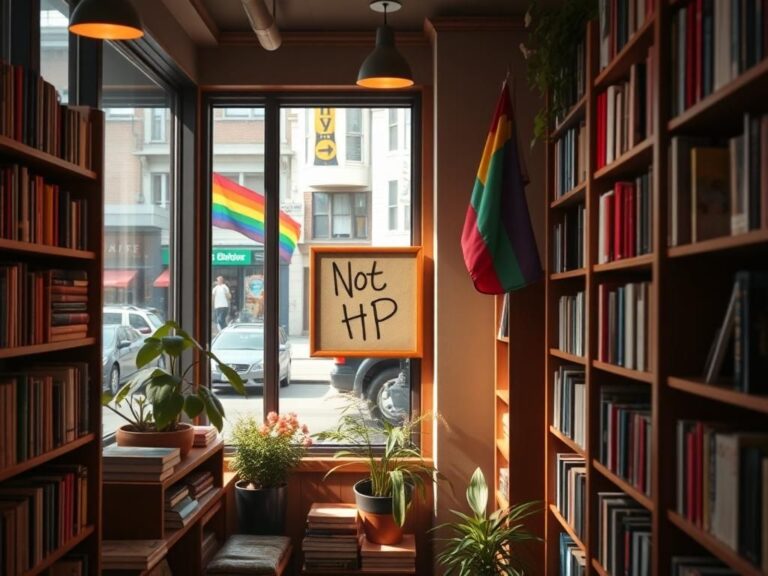 Flick International Cozy bookstore interior with empty shelves where 'Harry Potter' books used to be, showcasing a notice 'Not HP' and alternative fantasy titles.