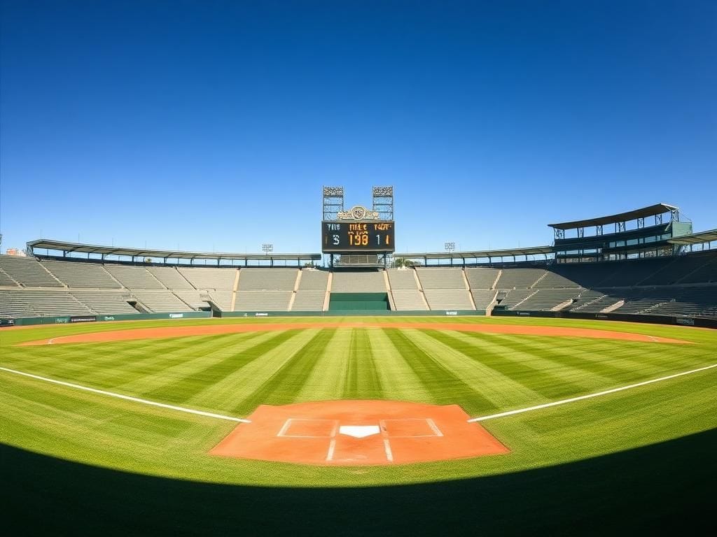 Flick International A panoramic view of a semi-empty baseball stadium under a clear blue sky
