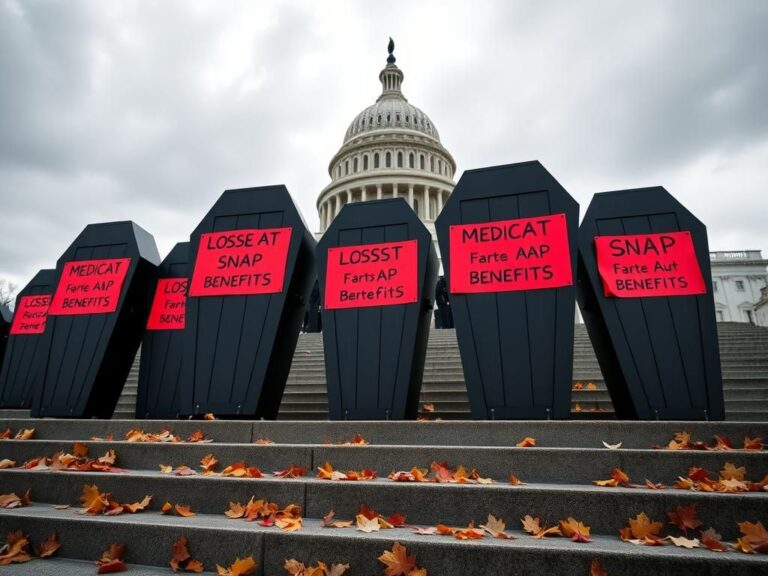 Flick International A somber scene with black coffins on the steps of the U.S. Capitol during a protest against the Republican tax bill