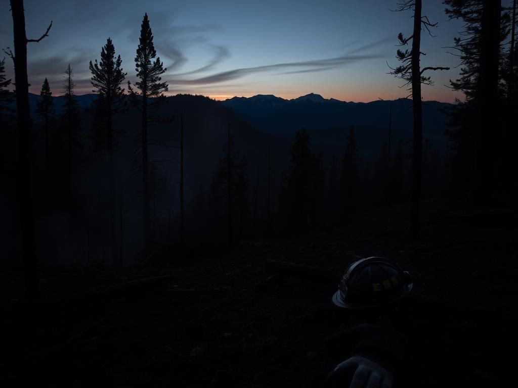 Flick International Somber forest scene showing aftermath of brush fire on Canfield Mountain with charred trees and smoke