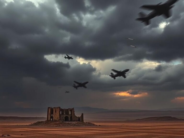 Flick International Desolate Middle Eastern landscape under a stormy sky with military aircraft silhouettes