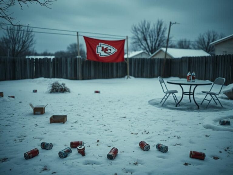 Flick International Snowy backyard in Kansas City depicting remnants of an NFL watch party