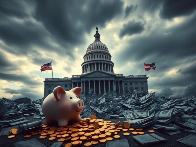 Flick International Dramatic depiction of a crumbling government building surrounded by piles of cash and a broken piggy bank, symbolizing excessive spending and the 'Porky Pig Party' within U.S. politics.