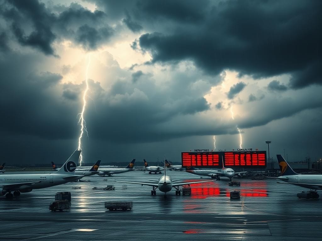 Flick International Stormy sky over East Coast airport with dark clouds and lightning