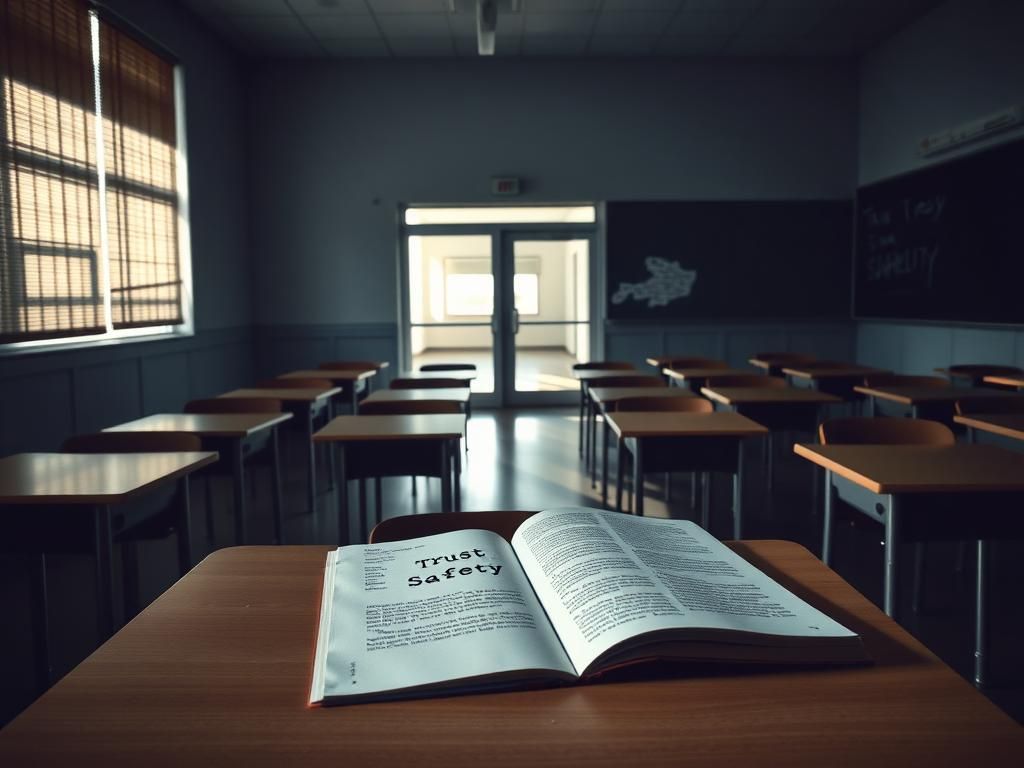 Flick International Dimly lit classroom with empty desks and a chalkboard displaying fragmented words