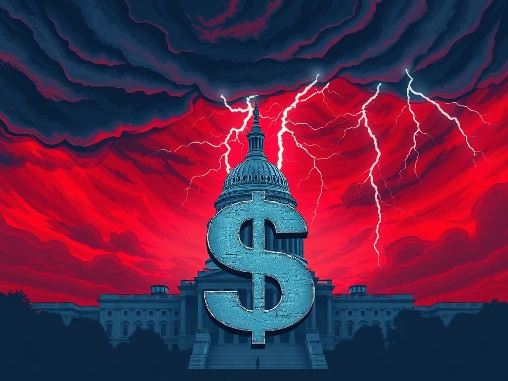 Flick International Large, imposing Capitol building under a stormy sky with a gigantic dollar sign looming over it