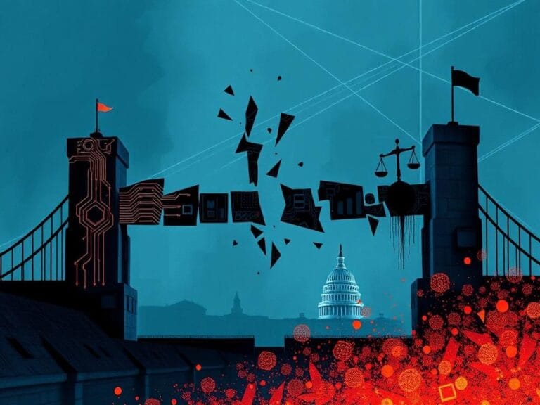 Flick International A dramatic abstract representation of a legislative battle over AI regulations with a broken bridge.