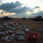 Flick International A haunting landscape of the Gaza Strip at dawn with abandoned aid supplies and looming Israeli tanks