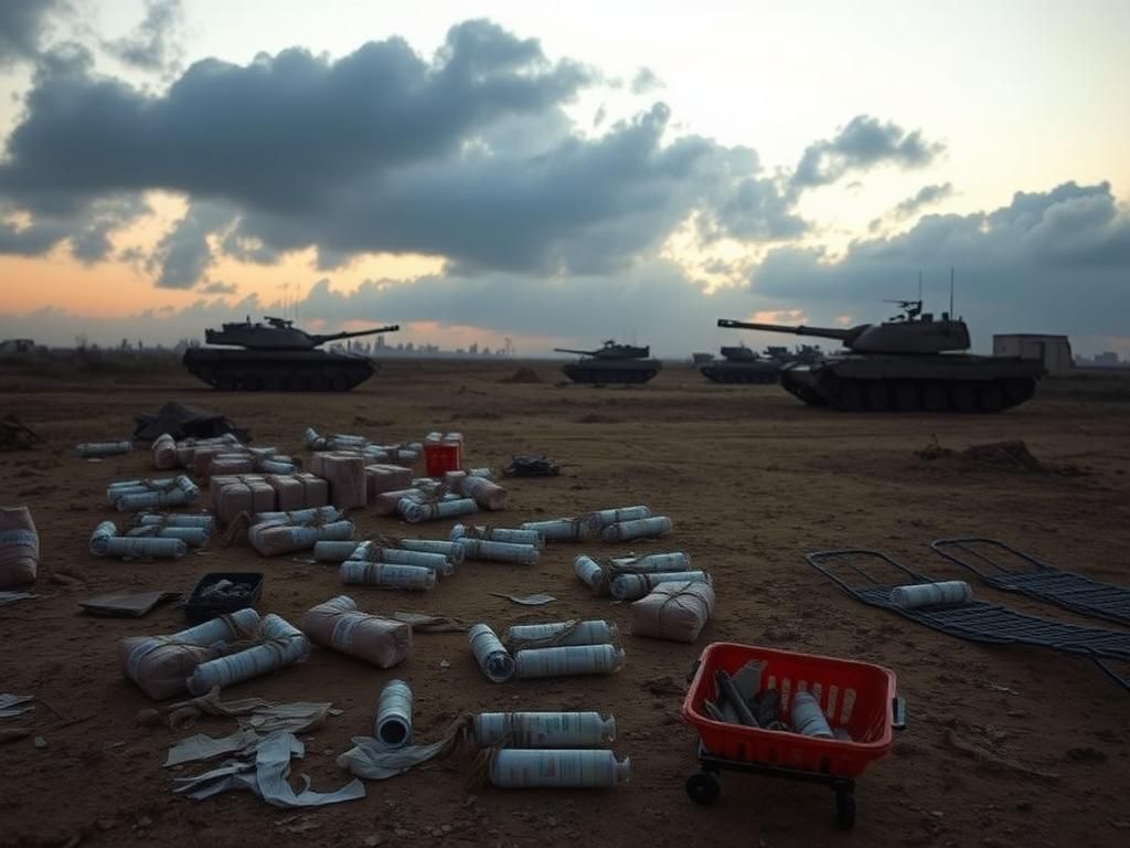 Flick International A haunting landscape of the Gaza Strip at dawn with abandoned aid supplies and looming Israeli tanks