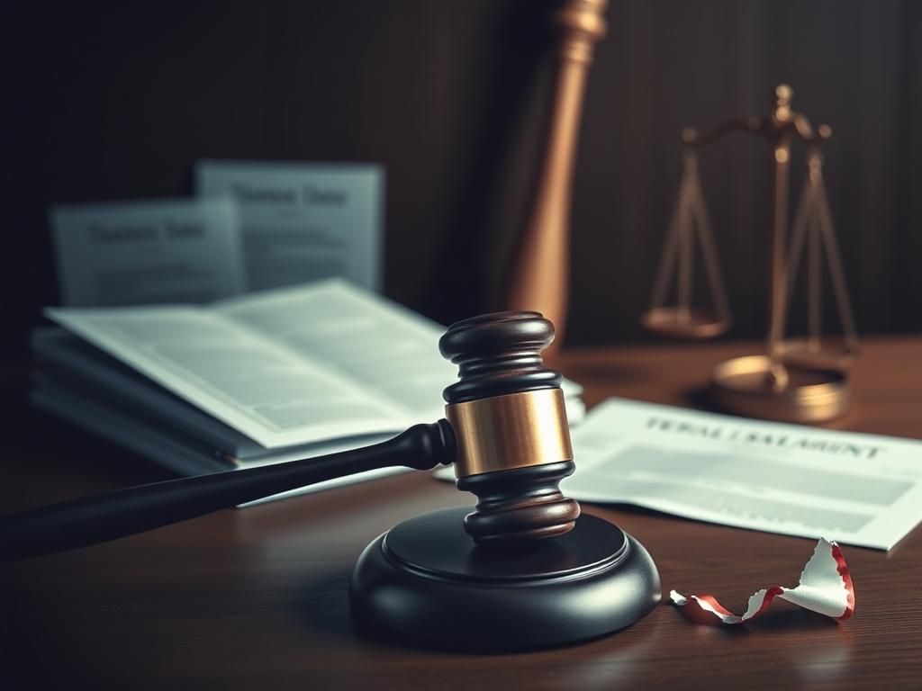 Flick International A somber courtroom scene with a gavel and blurred legal documents in the background