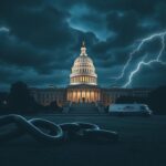 Flick International A dramatic government building illuminated at night under stormy skies with a broken chain symbolizing debt slavery.