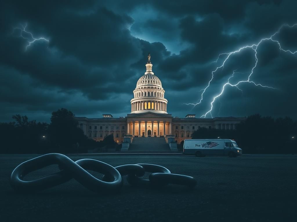 Flick International A dramatic government building illuminated at night under stormy skies with a broken chain symbolizing debt slavery.