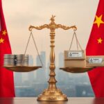 Flick International Juxtaposition of American and Chinese flags symbolizing trade tension
