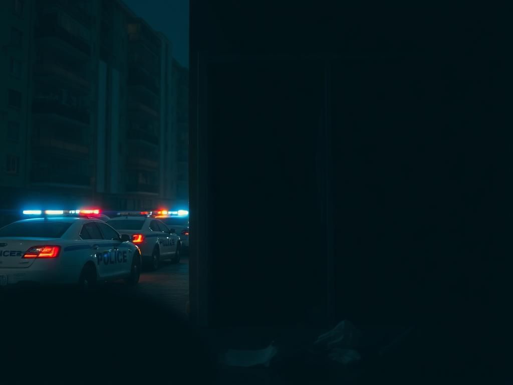 Flick International Dimly lit urban scene at night with police cars and a shadowy closet