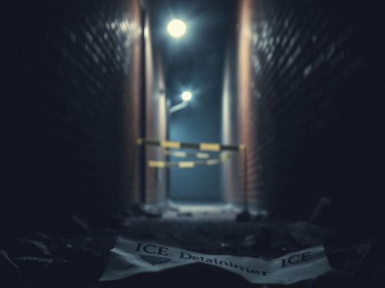 Flick International Dark alleyway illuminated by a flickering streetlight with a crumpled paper showing 'ICE Detainer'
