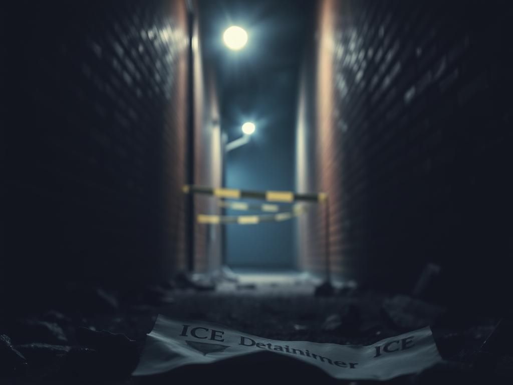 Flick International Dark alleyway illuminated by a flickering streetlight with a crumpled paper showing 'ICE Detainer'