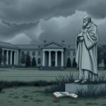 Flick International Stark illustration of an empty university campus symbolizing uncertainty in higher education