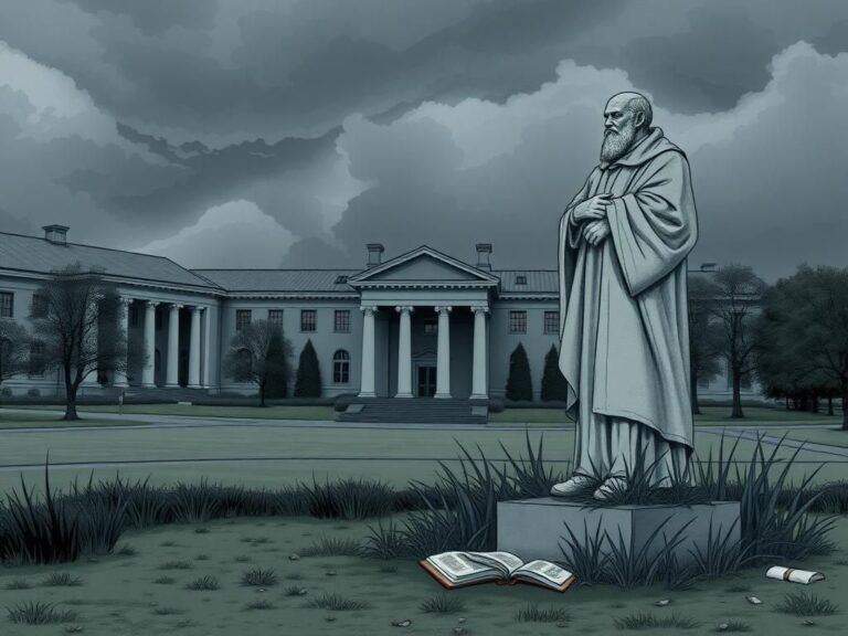 Flick International Stark illustration of an empty university campus symbolizing uncertainty in higher education