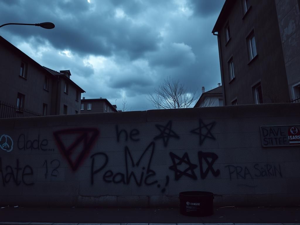 Flick International A solemn scene depicting a weathered stone wall with graffiti symbols of peace and broken Star of David, emphasizing the rise of antisemitism.