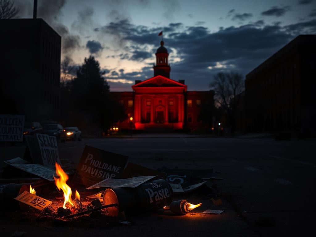 Flick International Shattered Molotov cocktail and protest signs near Boulder County courthouse at twilight