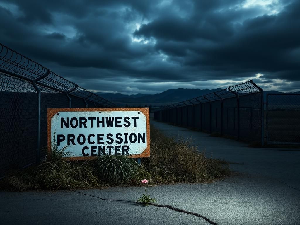 Flick International A somber view of a gray immigration detention facility with a weathered sign and chain-link fences
