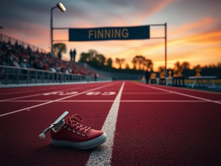 Flick International Abandoned red running shoe beside a small fire extinguisher at a track stadium after championship loss