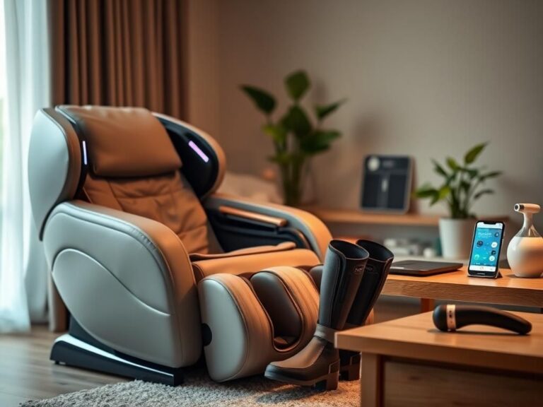 Flick International Cozy wellness corner featuring a Zero-Gravity Shiatsu Massage Chair and Normatec Compression Boots