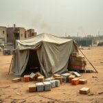 Flick International A humanitarian aid distribution site in Gaza with empty food containers and a collapsed tent.