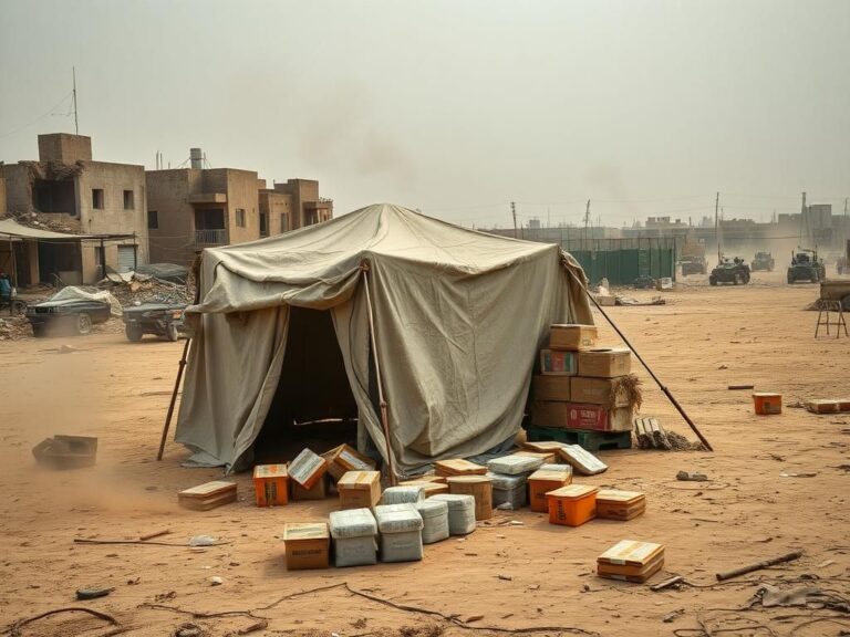 Flick International A humanitarian aid distribution site in Gaza with empty food containers and a collapsed tent.
