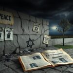 Flick International A cracked stone wall adorned with faded posters and symbols of conflict, representing rising antisemitism in America.