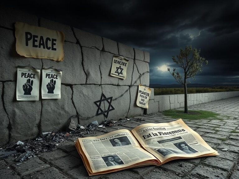 Flick International A cracked stone wall adorned with faded posters and symbols of conflict, representing rising antisemitism in America.