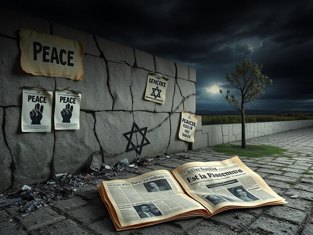 Flick International A cracked stone wall adorned with faded posters and symbols of conflict, representing rising antisemitism in America.