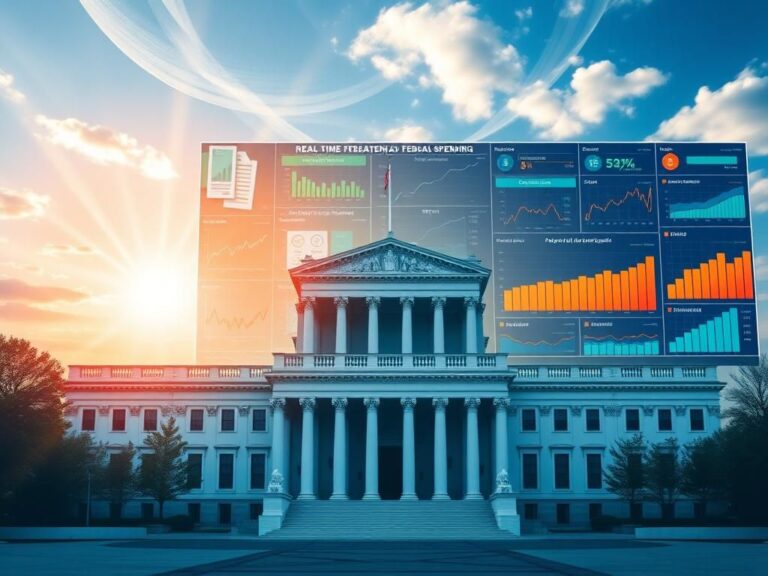 Flick International Dynamic image depicting government transparency with a federal building and digital financial data.