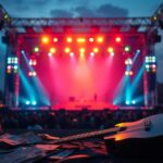 Flick International A vibrant concert stage setup at dusk with colorful lights and an empty spotlight