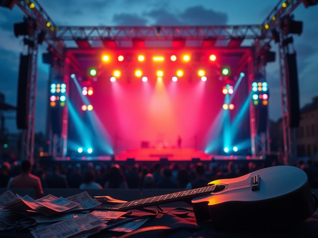 Flick International A vibrant concert stage setup at dusk with colorful lights and an empty spotlight