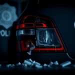 Flick International Close-up view of a damaged SUV taillight showing cracks and missing fragments in a police evidence area